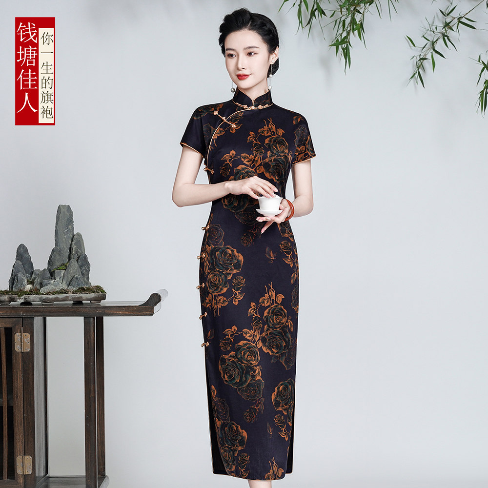 钱塘佳人2024秋季古法旗袍女高贵优雅富贵40姆米重缎真丝香云纱