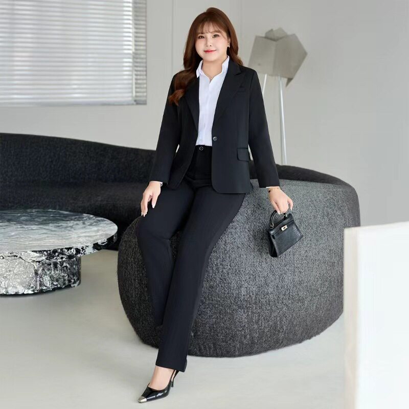 胖MM大码职业西服西装套装外套藏蓝色工作服大学生面试正装200斤 - 实物图