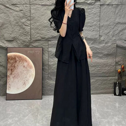 胖MM大码法式高级感V领宽松短袖上衣女半身裙高端显瘦两件套200斤