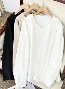 280斤大码白色长袖加绒打底衫胖MM显瘦加厚白暖百搭V领打底衫上衣