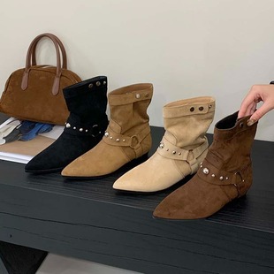 2025新款 复古马丁靴女款 英伦风铆钉西部牛仔靴宽筒靴尖头平底短靴