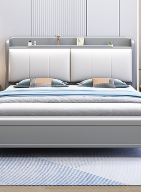 北欧实木床1.8米灰储物简约现代轻奢1m5双人床主卧硬靠婚床