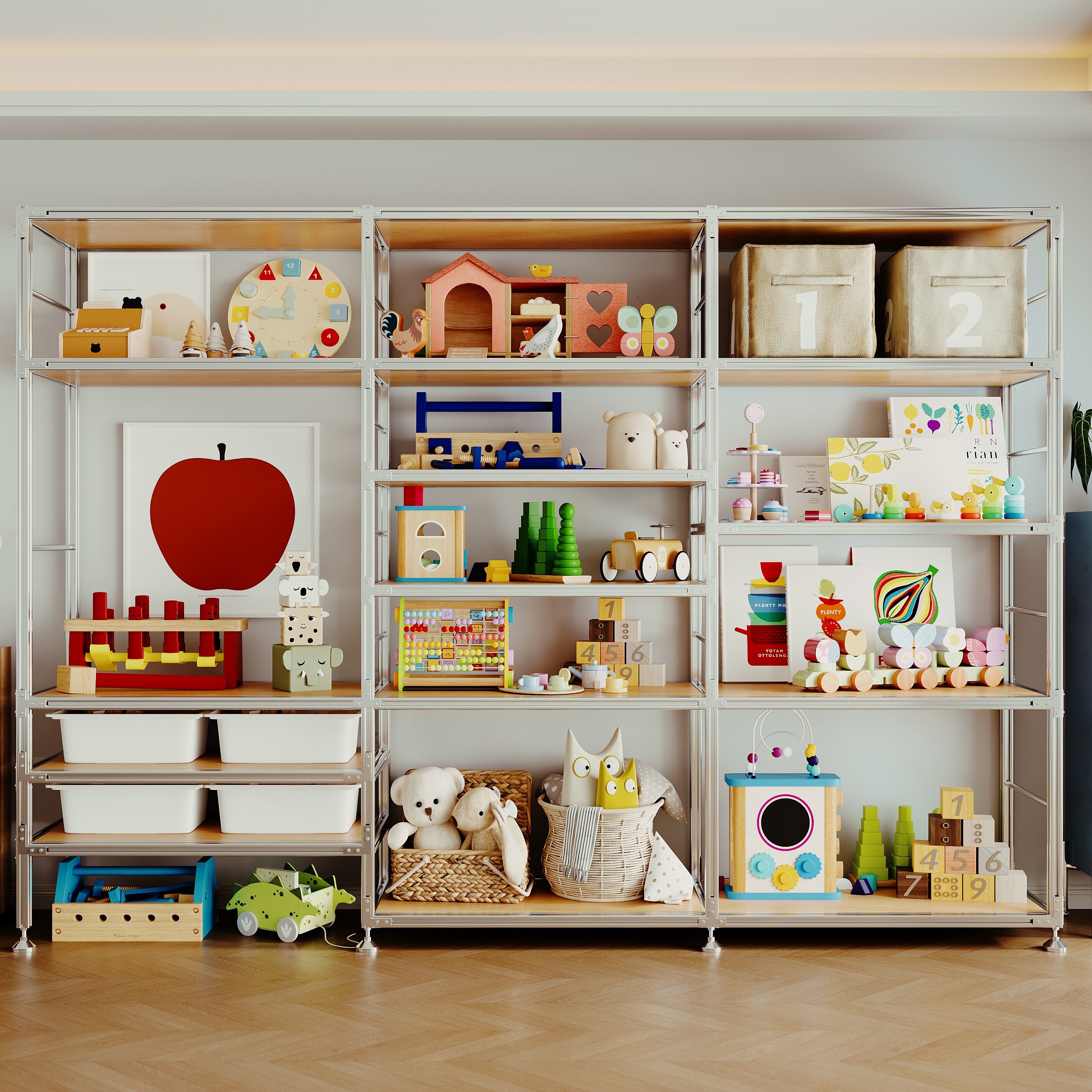 儿童房玩具收纳墙铝型材置物架多层实木包豪斯书架一体整墙收纳架