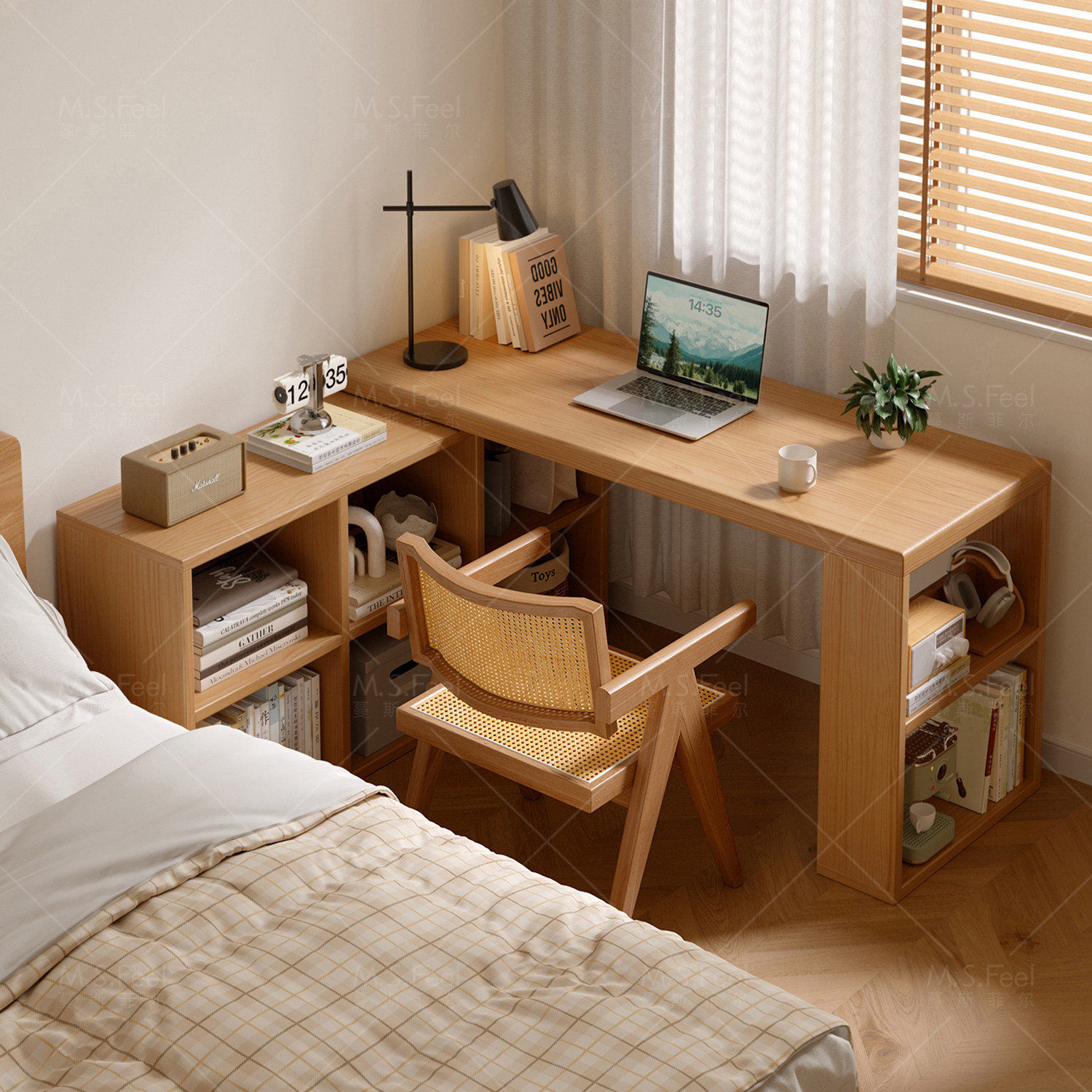 实木转角书桌书架一体桌子家用学生写字桌卧室L型台式办公电脑桌,住宅家具,电脑桌,淘宝优惠券,粉丝福利购,淘宝优惠卷