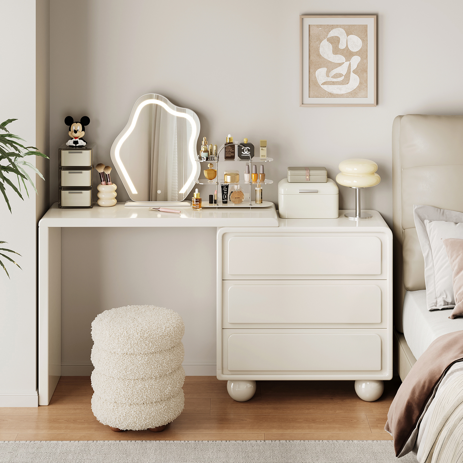 梳妆台床头柜一体实木现代卧室简约2025新款化妆桌子收纳柜可伸缩