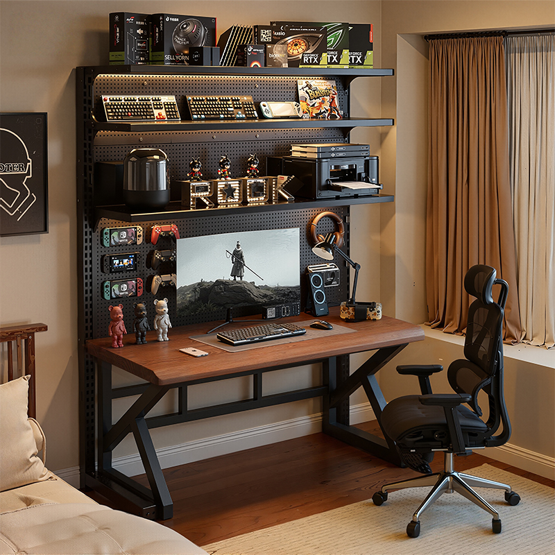 纯实木电脑桌书桌带洞洞板置物架