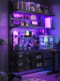 电竞房间洞洞板置物架落地金属收纳架立式免打孔电脑桌面改造装饰