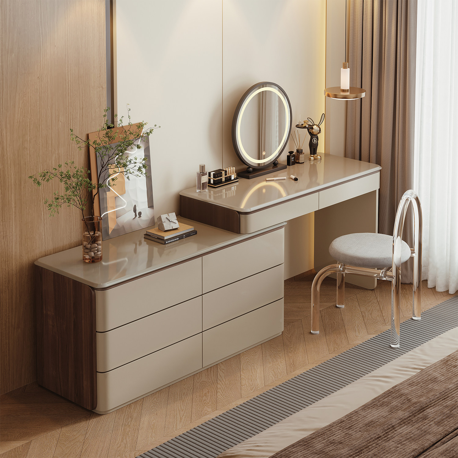 琉光梳妆台斗柜一体2026新款轻奢高级感意式极简卧室实木化妆桌镜