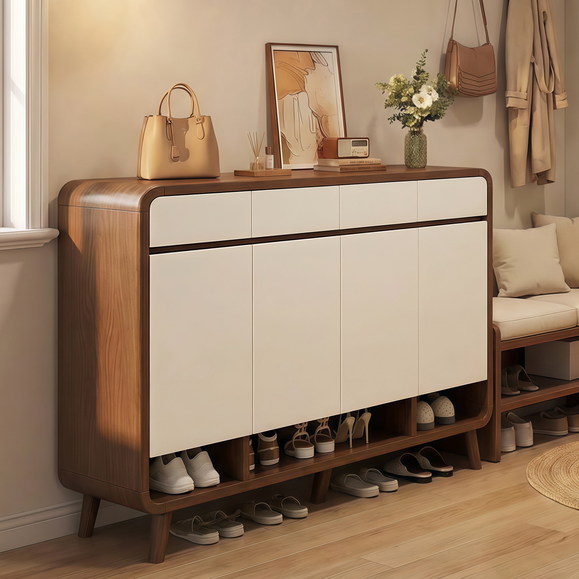入户门口鞋柜家用2025新款实木玄关楼道门外走廊用一体靠墙收纳柜,住宅家具,鞋柜,淘宝优惠券,粉丝福利购,淘宝优惠卷