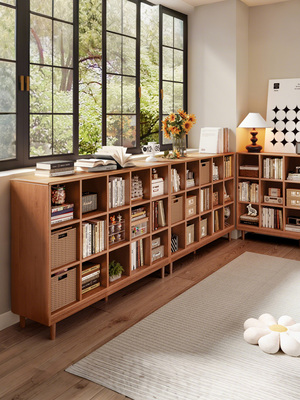 全实木自由组合格子柜日式樱桃木色书架落地置物架一体靠墙书柜