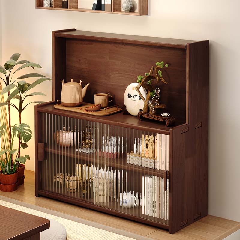 实木茶叶置物架长虹玻璃层高可调