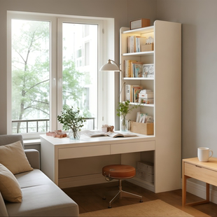 转角书桌实木家用书架靠墙一体转角书桌多层储物书柜卧室电脑桌子