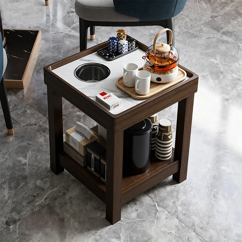 实木麻将桌茶几茶水架棋牌室专用麻将桌旁烟灰缸置物架双层小边几