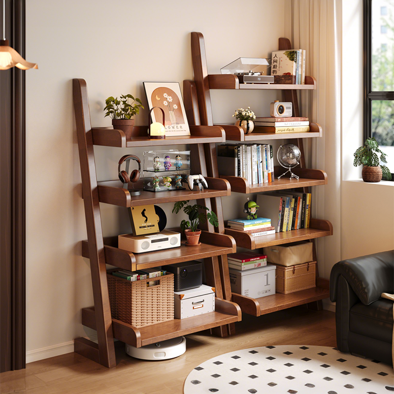 实木梯形置物架落地小型书架自由组合收纳储物架客厅靠墙窄书柜