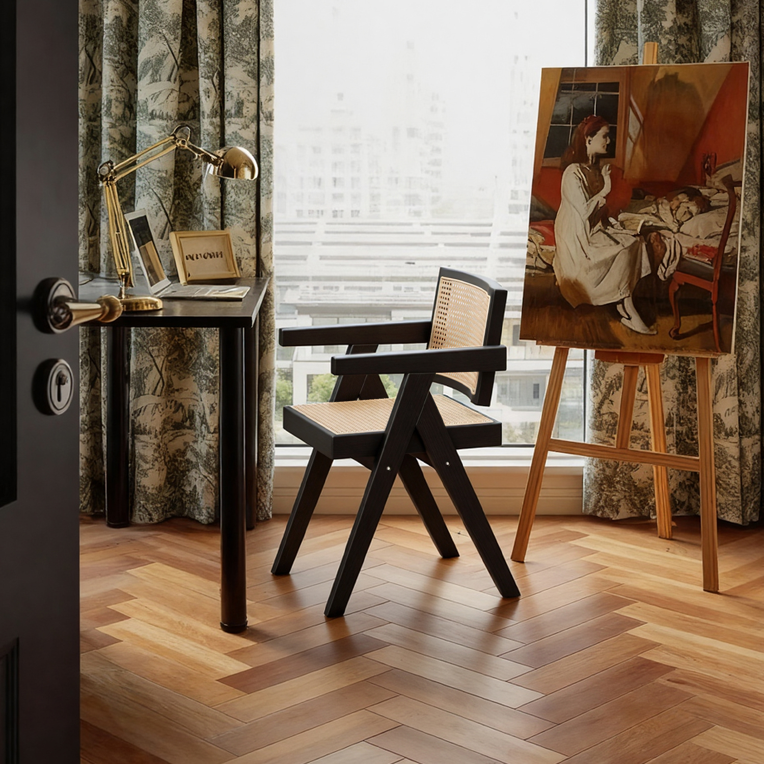 餐椅法式中古风实木昌迪加尔椅软包藤编靠背书桌学习复古办公椅子