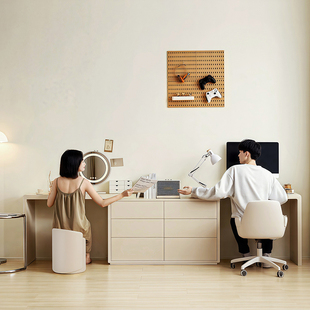 转角梳妆台书桌一体卧室实木化妆桌拐角电脑桌双人办公桌二合一柜