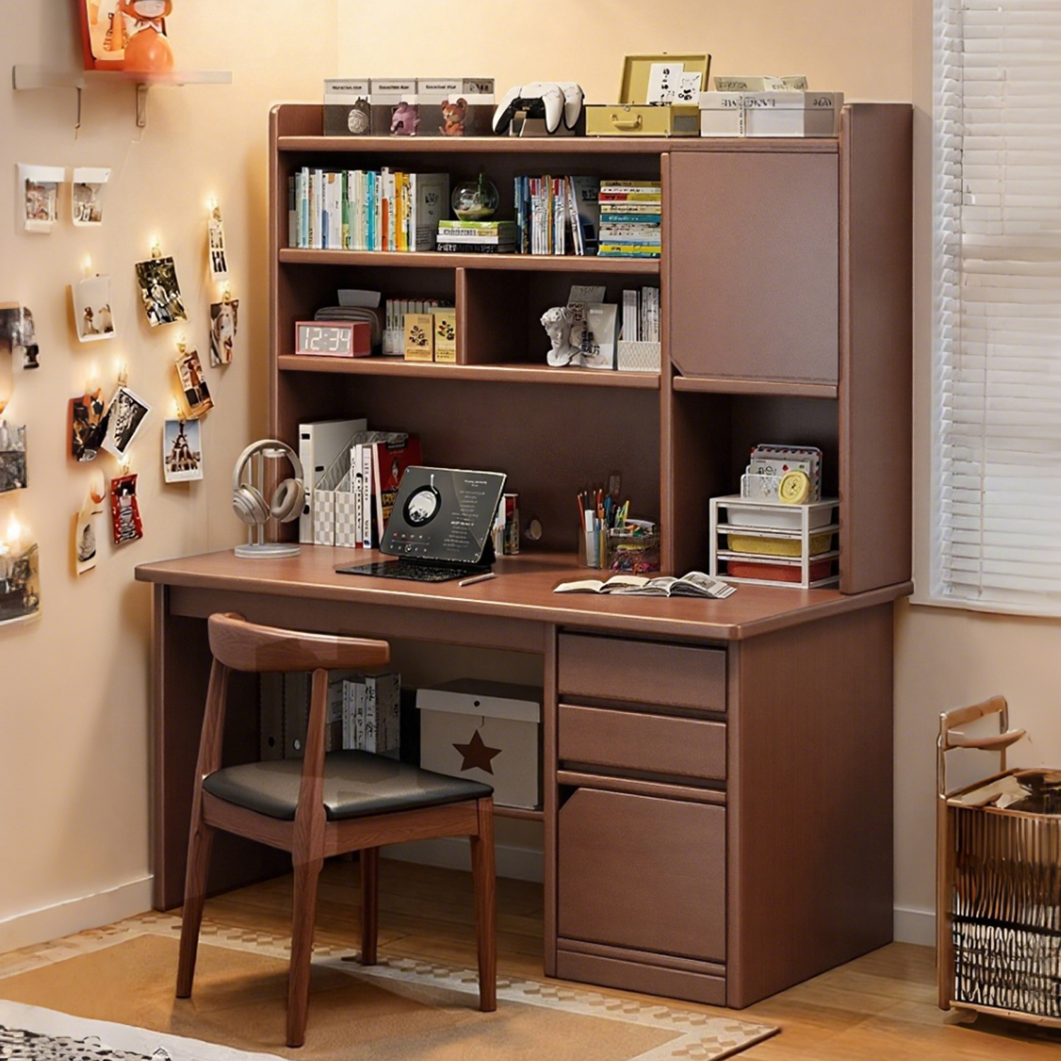 全实木书桌书架一体学习桌子