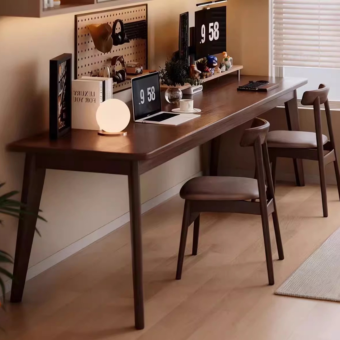 实木靠墙长条窄桌双人学生书桌