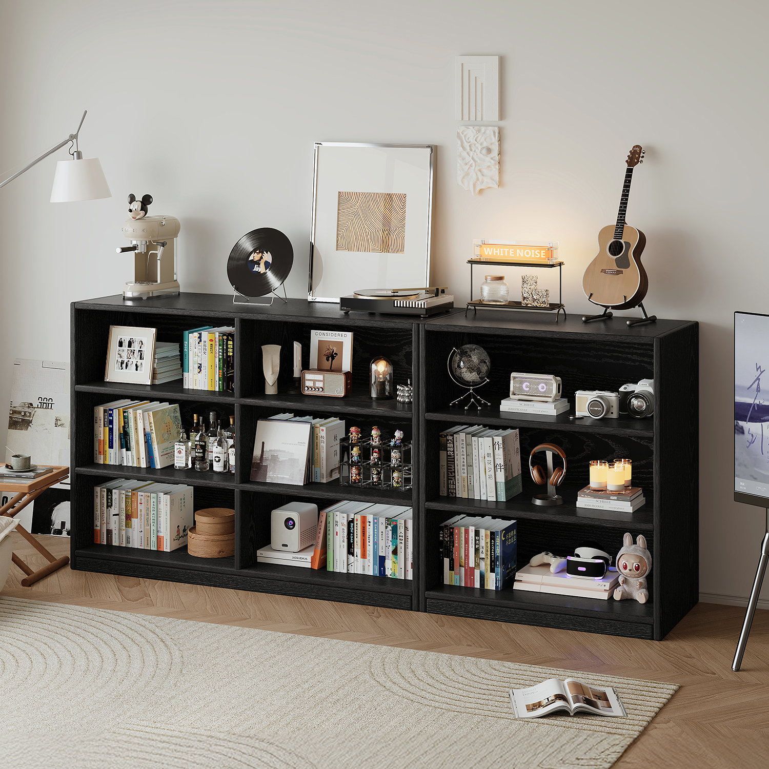 实木书架落地置物架儿童一体靠墙黑色展示柜子储物柜客厅自由组合