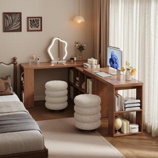 转角书桌书柜一体女生卧室高级感化妆台L型电脑桌简约双人办公桌