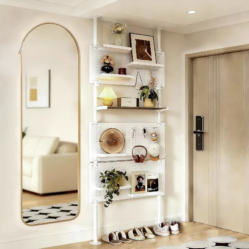 免打孔洞洞板顶天立地置物架入户玄关收纳架超薄展示架金属搁板