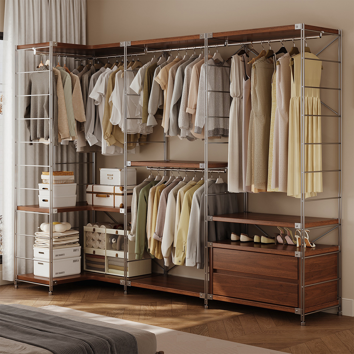 中古风简易衣柜卧室家用开放式挂衣架子落地转角组合一体靠墙收纳