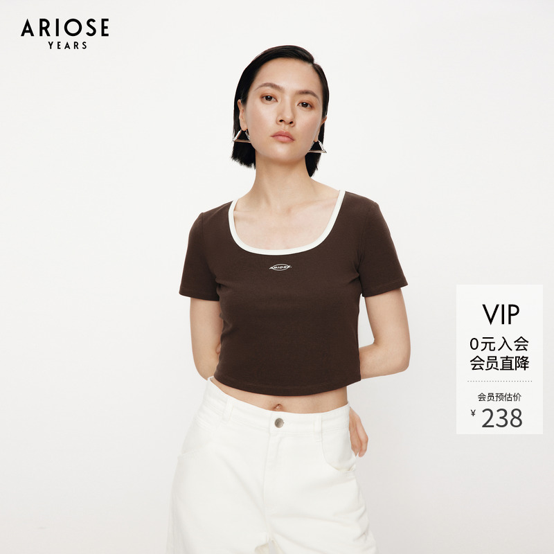 艾诺丝雅诗 字母刺绣U领短袖T恤女2024初秋正肩修身上衣30726112