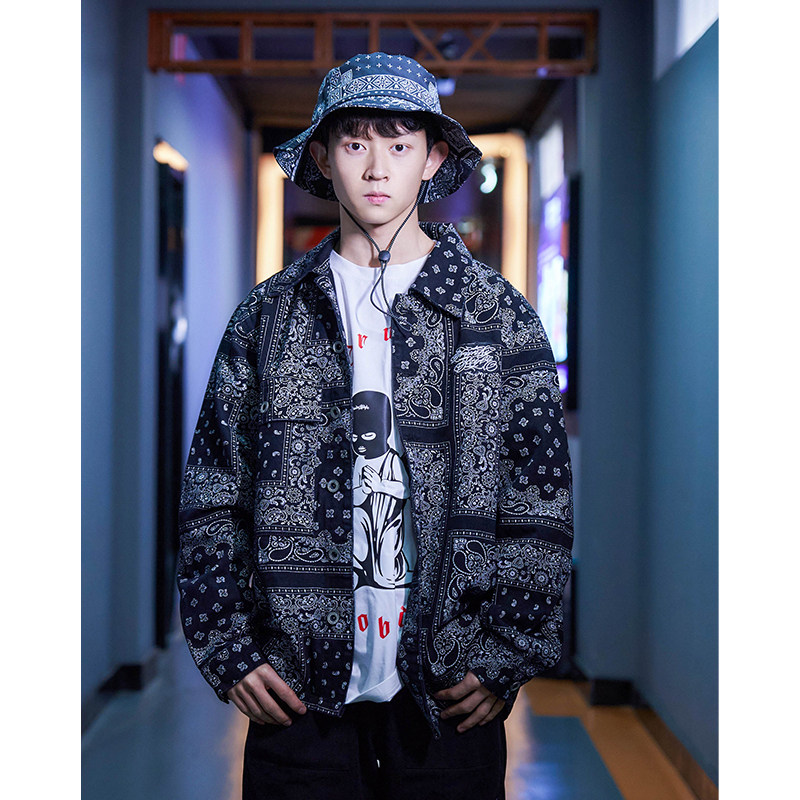 funkystyle原创潮美式复古宽松西海岸风bboy街舞腰果花牛仔衣夹克