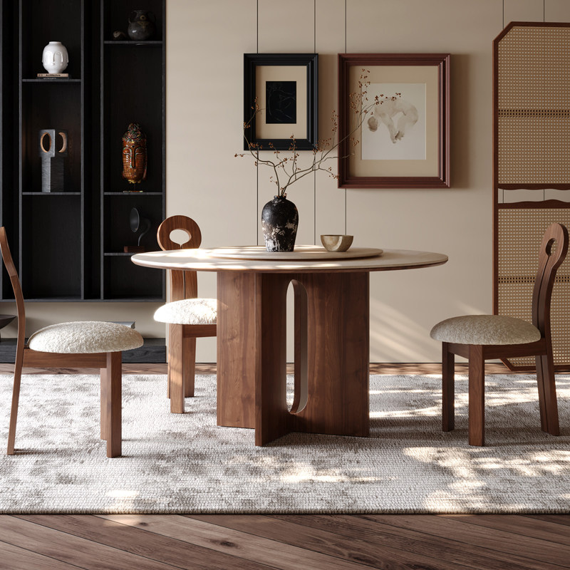 中古风洞石岩板圆形饭桌