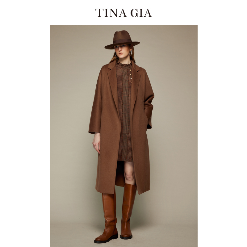 TINA GIA天纳吉儿2023秋冬新品羊毛浴袍款廓形女秋冬毛呢大衣外套