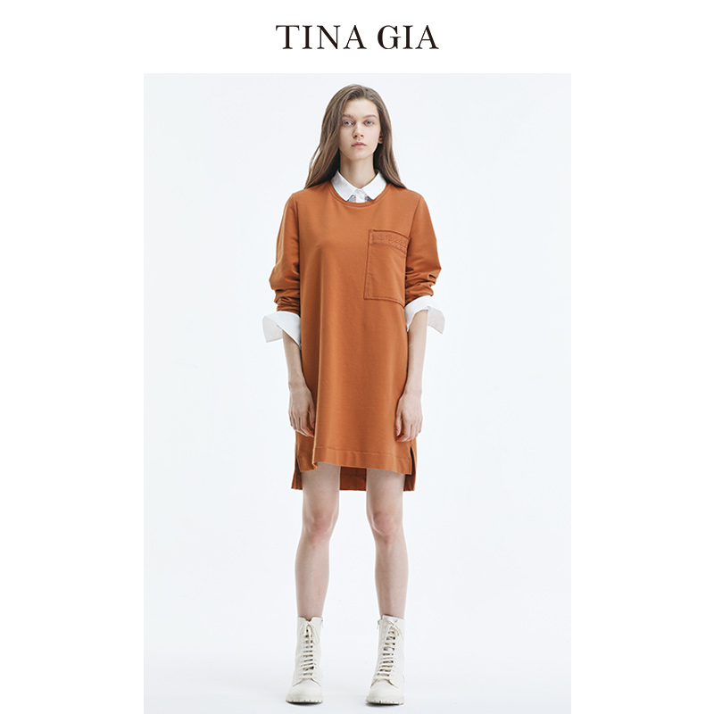 TINA GIA天纳吉儿秋季时尚简约桔色圆领长袖连衣裙女