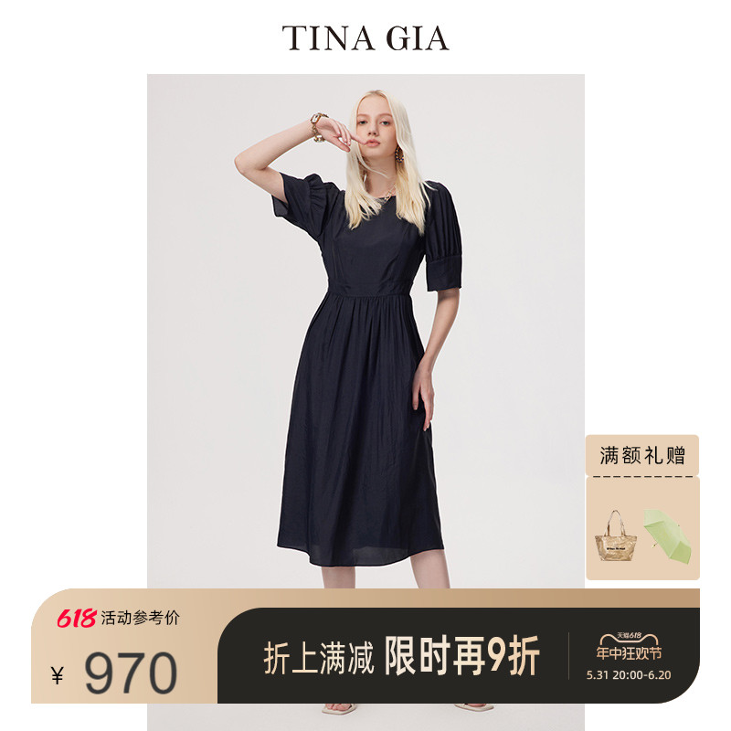 TINA GIA天纳吉儿夏季醋酸纤维肌理纹理泡泡袖连衣裙女装裙子 女装/女士精品 连衣裙 原图主图