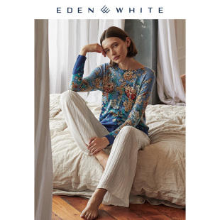 手绘植物印花针织衫 女圆领复古风格 精纺羊绒衫 圣雪绒2019秋冬新品