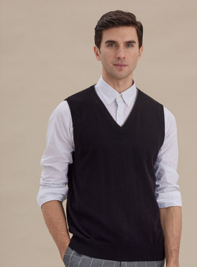 圣雪绒22秋冬新款男V领撞色设计羊绒背心简约内搭套头针织背心