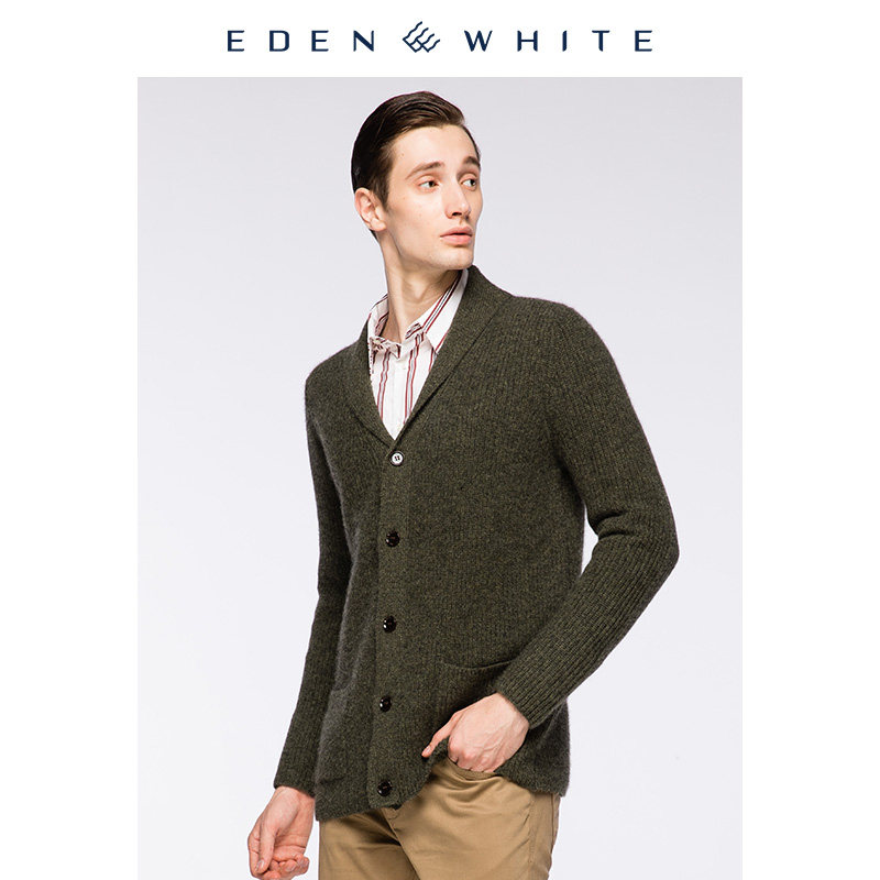 圣雪绒100%山羊绒男青果领复古元宝针加厚宽松休闲针织开衫