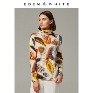 女士自由领复古镶钻羽毛图案印花针织衫 圣雪绒2019秋冬新品 羊绒衫