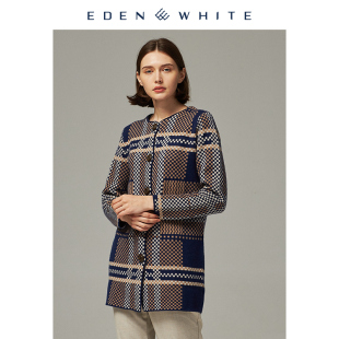 圣雪绒2019秋冬新品 女士圆领未来感双面格纹提花针织大衣 羊绒衫