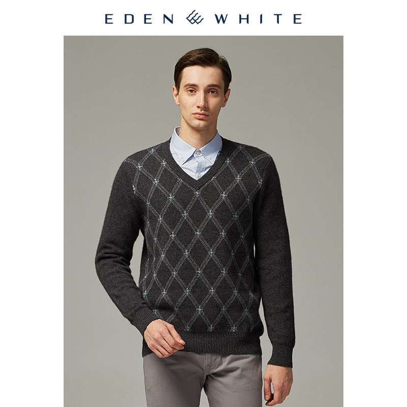 圣雪绒2019秋冬新品羊绒衫男V领复古菱形提花加厚大码休闲针织衫