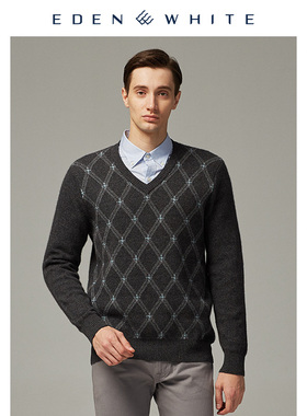 圣雪绒2019秋冬新品羊绒衫男V领复古菱形提花加厚大码休闲针织衫