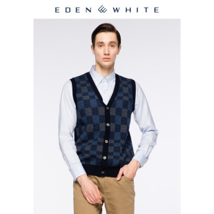 圣雪绒100%纯羊绒衫 男V领苏格兰格纹加厚双面提花针织背心