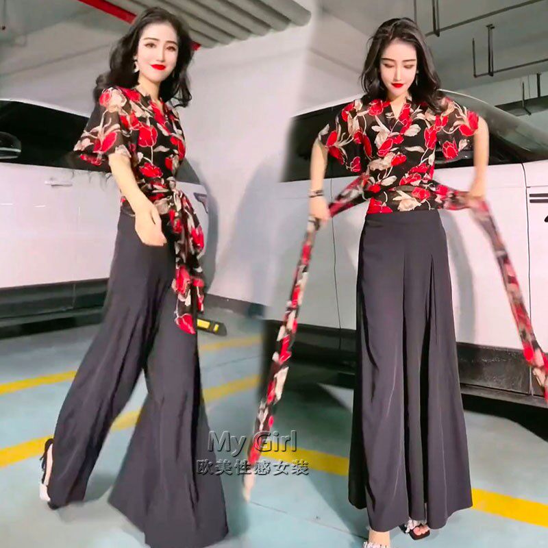夏季断码清仓套装碎花绑带时尚阔腿裤长款显高显瘦女短款上衣