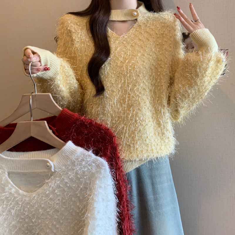 時(shí)尚休閑女裝2024秋冬新款毛茸茸設(shè)計(jì)感洋氣毛衣百搭時(shí)尚針織上衣