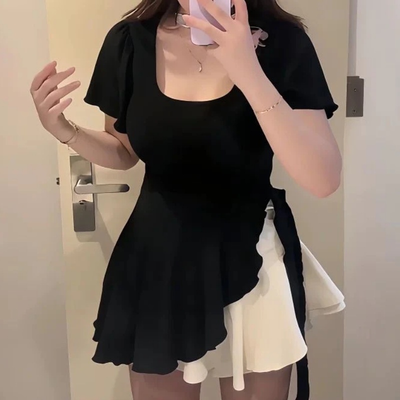 大碼女裝新款百搭不規(guī)則綁帶上衣夏季胖MM通勤遮肉顯瘦韓版U領(lǐng)T恤