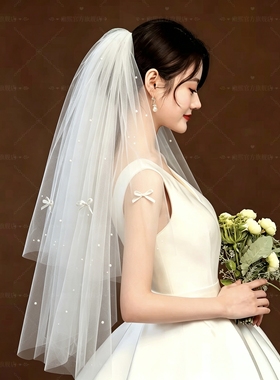 韩式新娘头纱头饰仙美小蝴蝶结珍珠求婚发饰主婚纱造型拍照配饰品