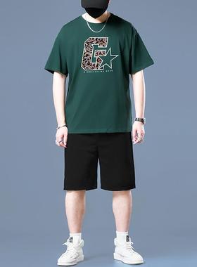 运动服男套装新款搭配宽松加肥加大男款裤子绿色印花休闲运动短袖