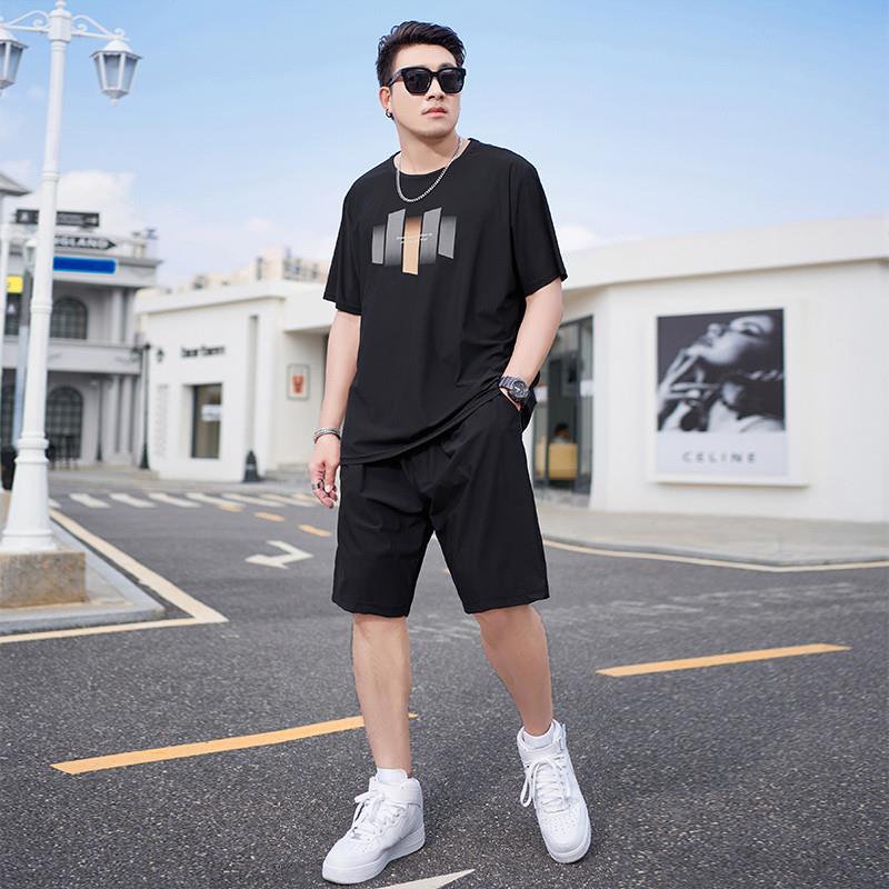 夏季大码冰丝T恤男士套装加肥