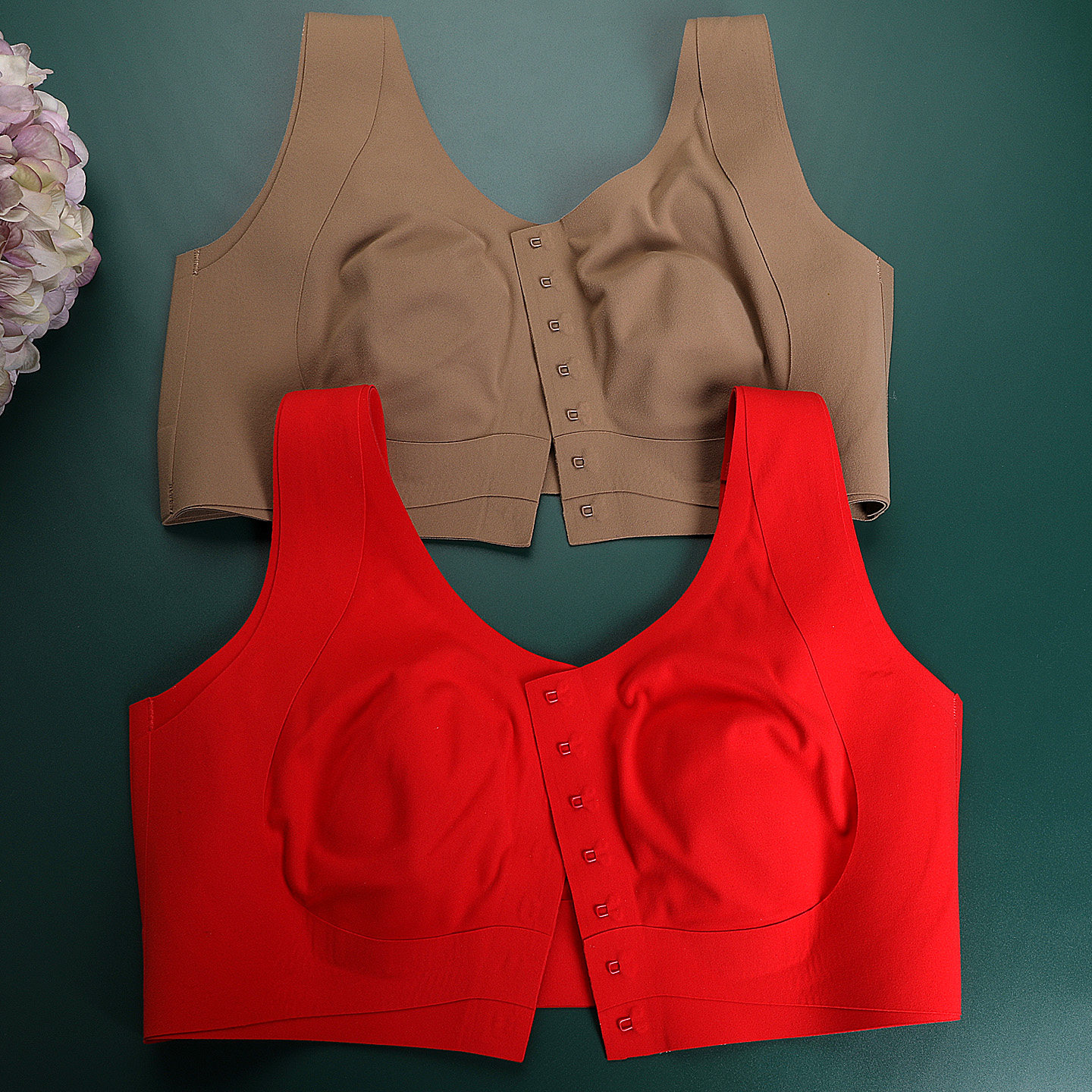 前排扣无痕内衣女薄款本命年红色大胸显小防下垂收副乳大码文胸罩