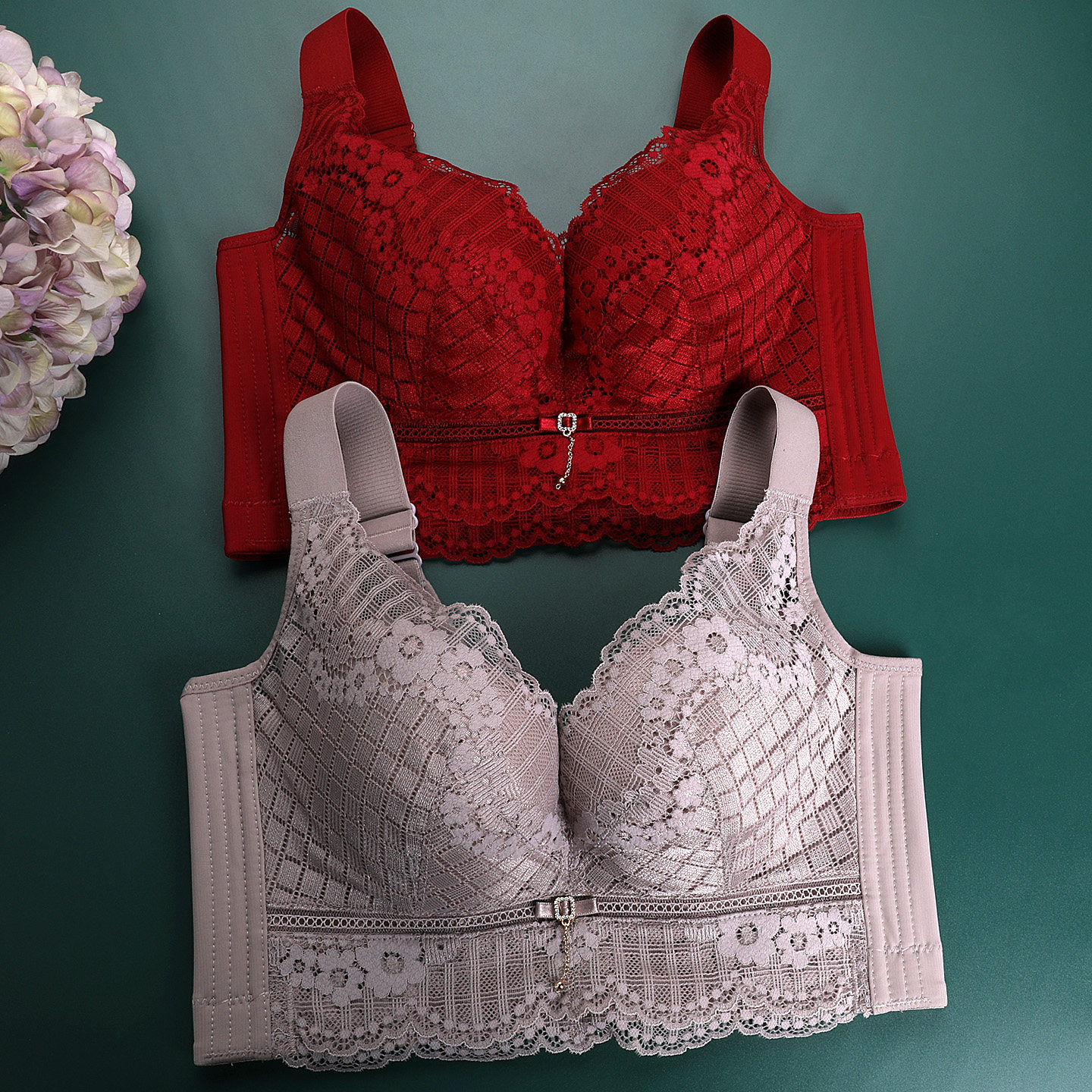 本命年酒红色内衣女小胸聚拢中厚杯防外扩蕾丝软钢圈宽肩带文胸罩