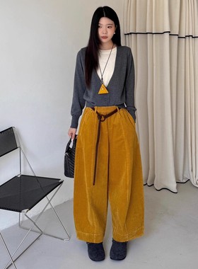 灯芯绒阔腿裤女秋冬2025新款腰带设计感小个子慵懒显瘦九分气球裤