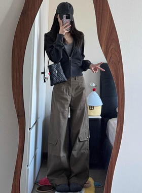 灰绿色弯刀工装裤女春秋季2025新款小个子美式宽松显瘦休闲阔腿裤